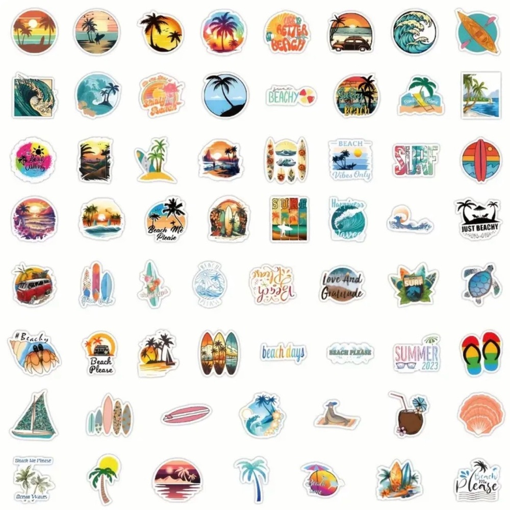 Set of 120 Beach Vibes Stickers Tropical Palm Trees Sun Summer Surf - Picture 2 of 6